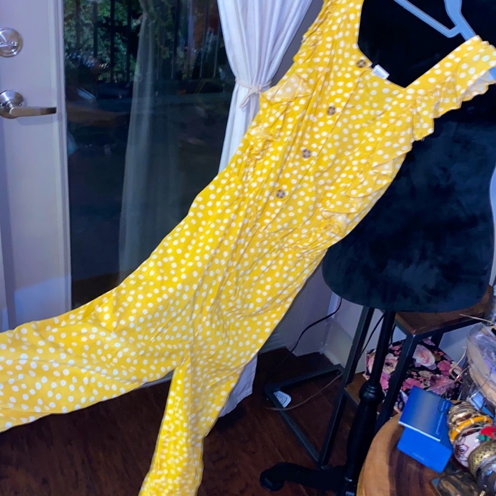 Arizona Jean Co yellow white polka dot long pants suit sleeveless ruffle S (7/8) - Picture 3 of 3
